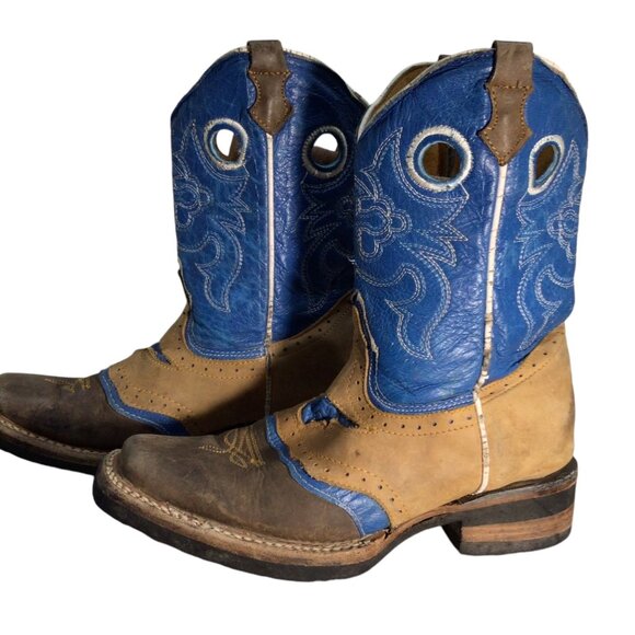 Potro Rebelde Handmade Quincy Cowboy Boots Kids 1 MEX 21 Snip Toe Rodeo Blue Tan - Picture 4 of 9